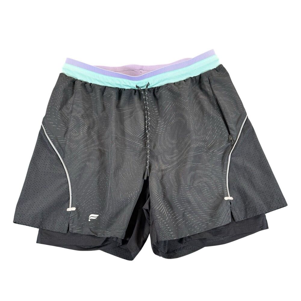 Fabletics Sz M Shorts Mens Black Double Layer Running Reflective 5" Inseam